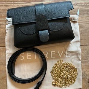 Senreve Aria convertible belt bag grained black leather + link chain